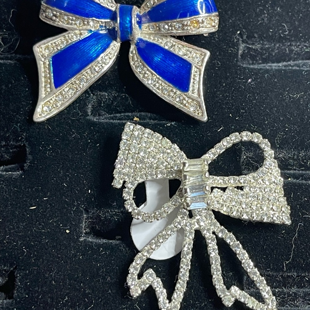 Blue Enamel & Crystal Bow Pin Duo
